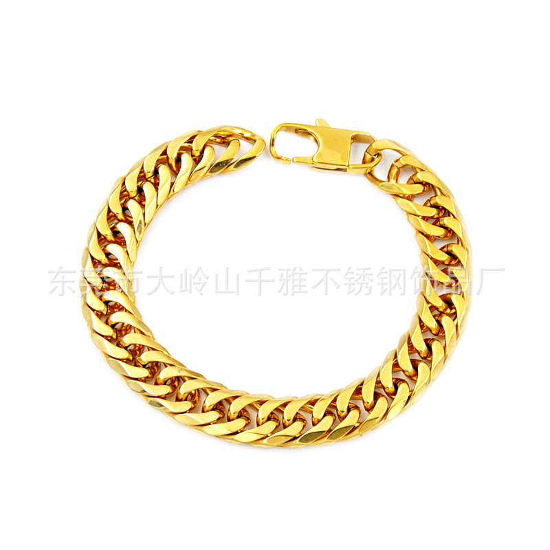 金色不銹鋼雙織六面磨手鏈 金色男士鈦鋼雙扣手鏈六邊磨面 精拋光真空電鍍金色